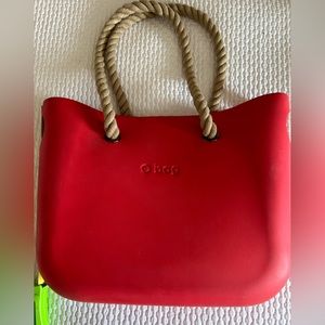 Obag Beach Bag in Red with Raffia and Black Shoulder Handles.